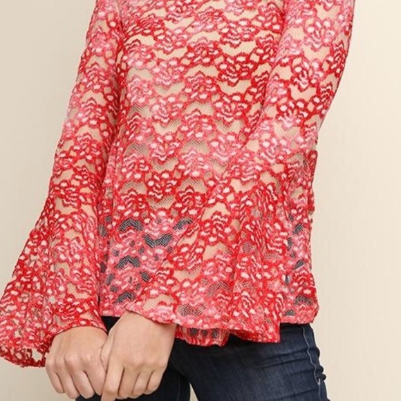 Umgee Red Lace Long Sleeve Sheer Top - Picture 2 of 2